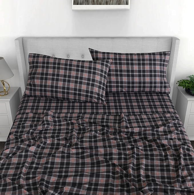 RUVANTI Flannel Sheets Twin XL Size - 100% Cotton Double Brushed Twin XL Sheet Sets, Deep Pockets 16 Inches, All Seasons Breathable & Extra Soft Bed Sheets, Warm & Cozy, 3 Piece, Peach & Black Plaid