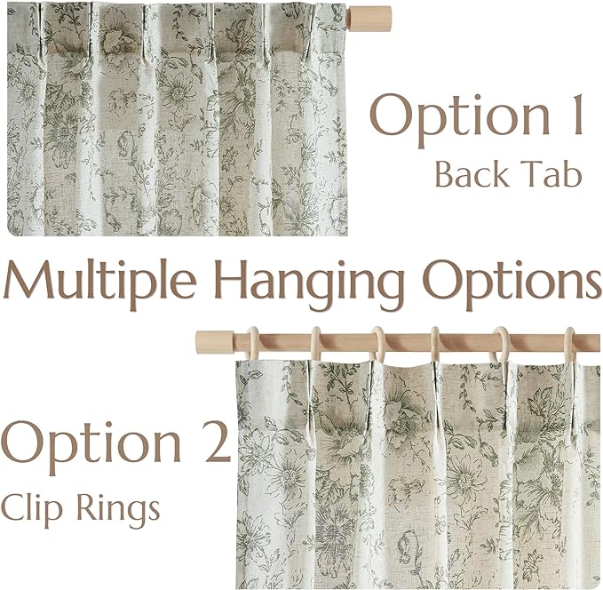 jinachan Pinch Pleated Curtains Floral Linen Blend Curtains for Living Room 108 Inches Length Christmas Green Peony Flower Printed Curtain Rod Pocket Back Tab Farmhouse Drapes with Hooks Set 2 Panels
