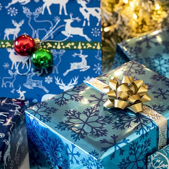 MAYPLUSS Christmas Wrapping Paper Roll - Mini Roll - 17 inch X 120 inch Per roll - 3 Different Blue Design with Glitter Metallic Foil Shine (42.3 sq.ft.ttl)