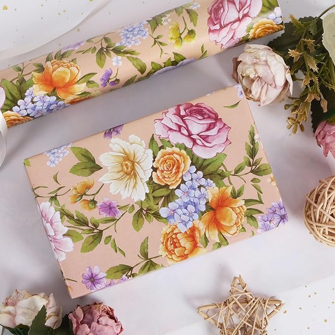 RayofSun Floral Wrapping Paper Roll Roll 17 in x 32ft Mini Roll Pink Peonies Yellow Roses Blooms Gift Wrap Paper for All Occasion Wedding Birthday Bridal Shower Party Wrapping Supplies