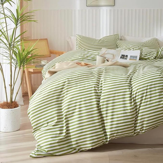 Striped Comforter Set Twin XL Modern Style Green White Stripes Pattern Bed Comforter for All Seasons 3 Pieces Boho Fluffy Comforter with 2 Pillowcases Cozy Farmhouse Lightweight Bedding Comforter Set