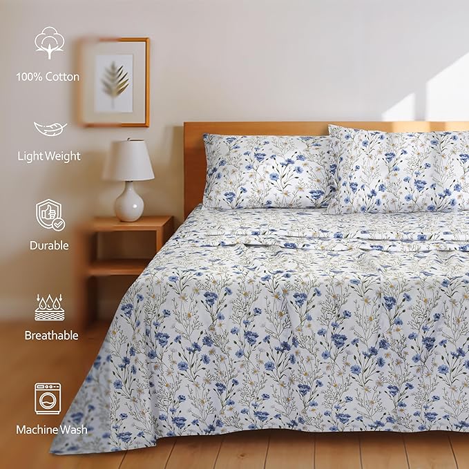 RUVANTI 100% Cotton Twin Sheets Set, 3 Pieces, Soft & Breathable Percale Weave Bedding, Deep Pocket 16", Hotel Standard, Crisp Cool Feel, Durable, Perfect Floral Bed Sheet, Sweet Pea
