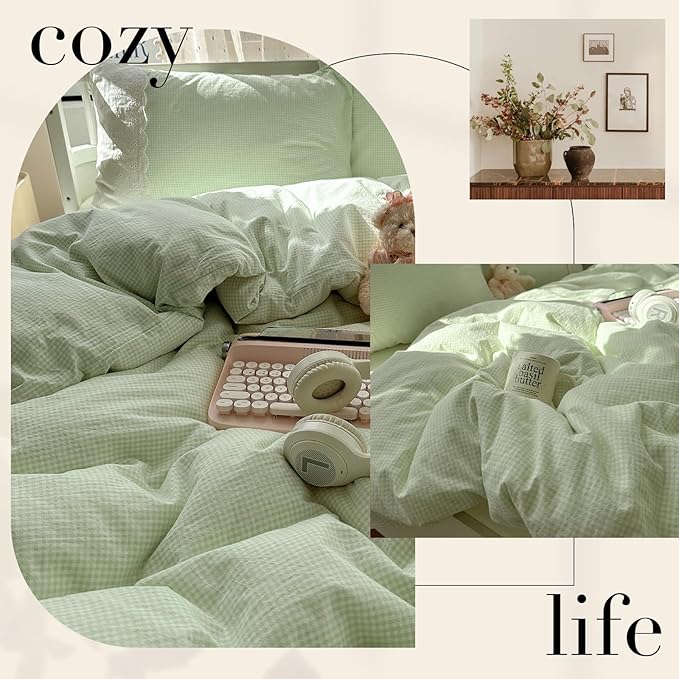 LifeTB Green Gingham Duvet Cover Queen 3 Pieces Romantic Lace Duvet Cover Soft Washed Microfiber Green Grid Plaid Comforter Cover with 2 Pillowcases Farmhouse Checkered Gingham Bedding Set