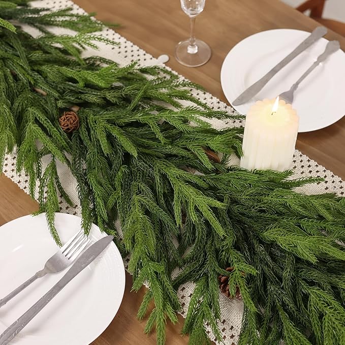 16FT Real Touch Norfolk Pine Garland - Artificial Christmas Garland Fake Green Faux Pine Needles Garland for Table Fireplace Mantle Holiday Home Indoor Outdoor Decor (1PCS)