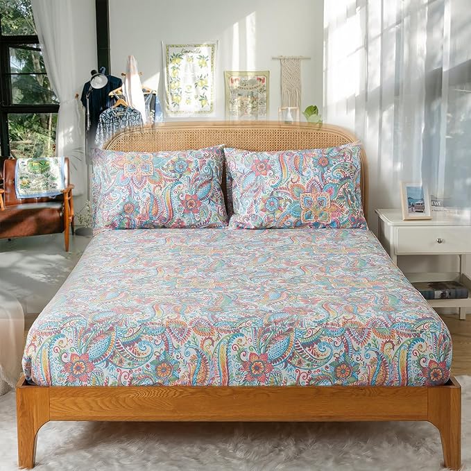 Zusbest Cotton Sheets Full 100% Cotton Pink Green Paisley Floral Bed Sheet Sets Watercolor Bedding Luxury Soft Breathable Crispy Cooling Percale Sheets 17.5'' Girls Deep Pocket Full Bed Set, 4 Pcs