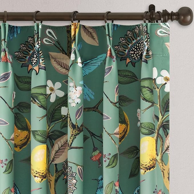 90 Inches Long Curtains 2 Panels for Living Room Botanical Hummingbird Luxury Whimsical Floral Printed Pinch Pleated Drapes for Bedroom Thermal Insulated Window Curtains Sage Green
