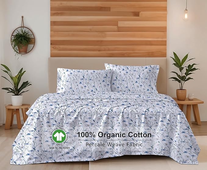 RUVANTI 100% Organic Cotton Sheets Twin XL, Percale Weave, GOTS Certified, 3-Piece Set, Deep Pocket 15", Crisp & Breathable, Soft Durable Bedding, Sábanas Algodón Orgánico – Daisy Bud