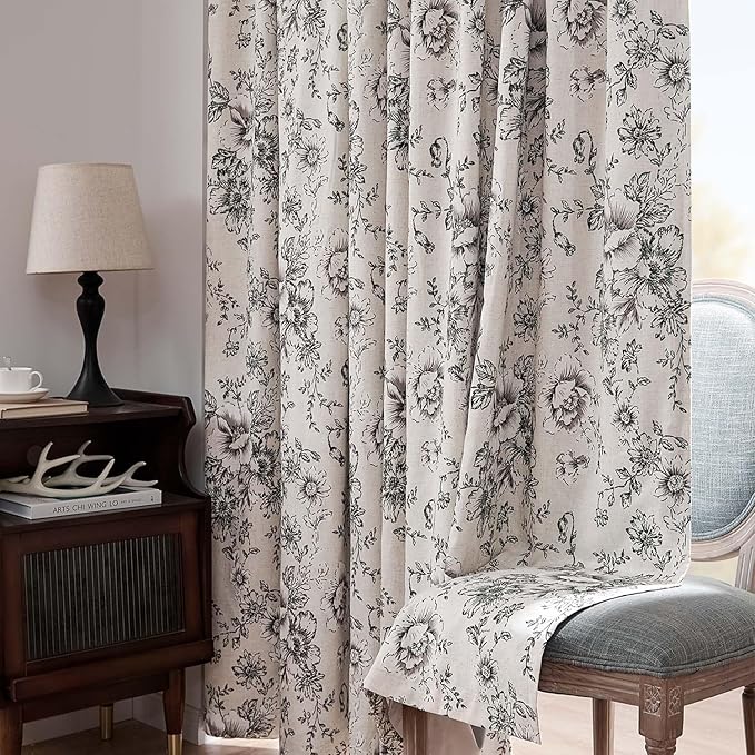 jinchan Blackout Linen Blend Curtain Floral Blackout Curtains for Living Room 72 Inch Length Black Printed with Lined Blackout Curtain for Bedroom Farmhouse Curtains Set 2 Panels