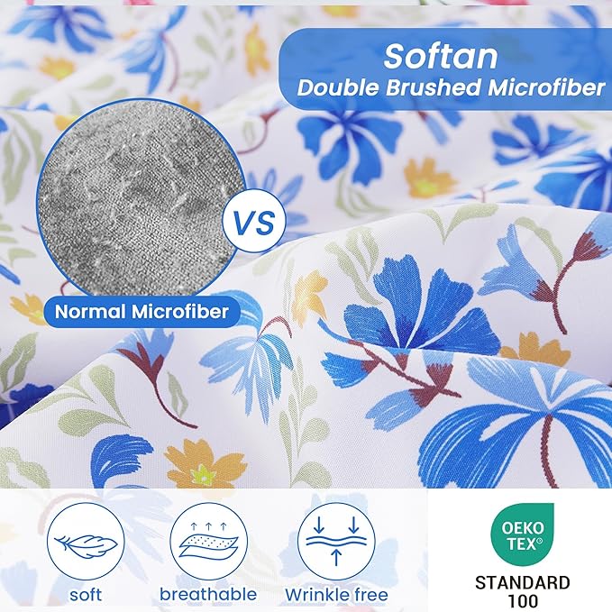 Softan Vintage Blue Floral Queen Bed Sheets, Cozy Microfiber Flower Printed Sheets with 15" Deep Pocket Fitted Sheet & Non-Slip Straps, Patterned Floral in Blue & Amber Sheets & Pillowcase Set