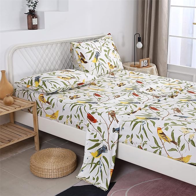 RYNGHIPY Farmhouse Flowers Print Bed Sheet Collection Set Botanical Floral Sheets with Pillowcases (White Green,King Size)