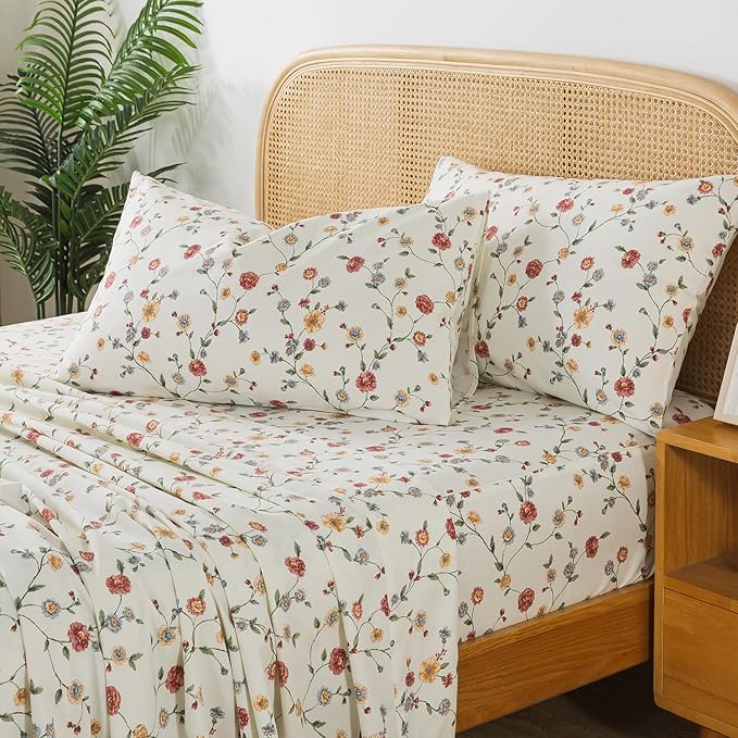 Zusbest King Size Sheets 100% Percale Cotton Off White Floral Bed Sheet Set, Brushed for Extra Softness, Breathable Luxury Flannel Sheets Like Pink Flower Print Deep Pocket Bed Set 17.5'' 4 Pcs