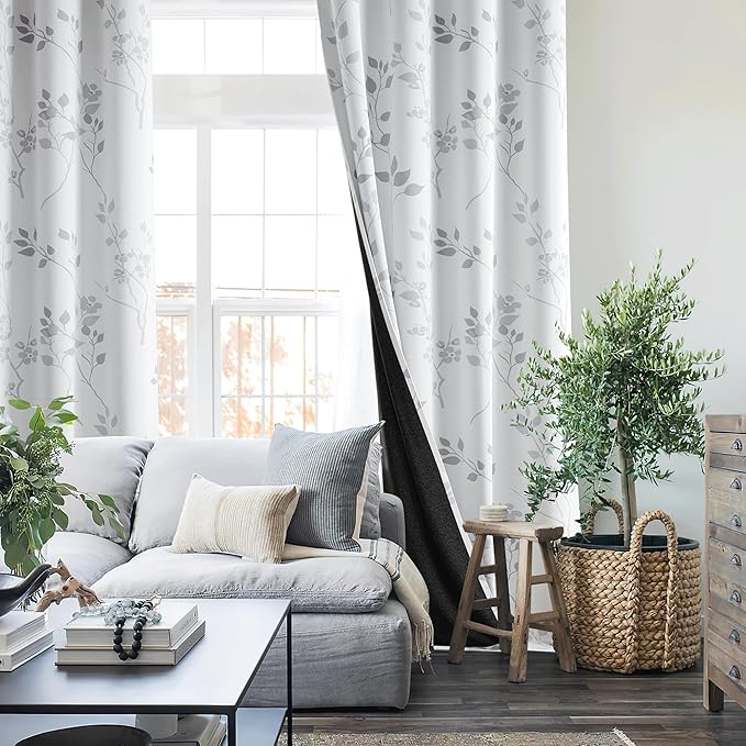 Beauoop Floral 100% Blackout Curtains 63 Inch Length 2 Panels for Bedroom Living Room Grey White Flower Patterned Room Darkening Thermal Insulated Soundproof Grommet Window Treatments Drapes, 52X63