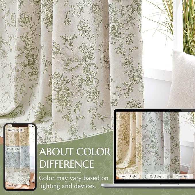 jinachan Blackout Curtains Linen Blend Floral Curtain for Living Room 63 Inch Length Christmas Sage Green Flower Printed with Lined Blackout Drapes for Bedroom Farmhouse Curtains Set 2 Panels