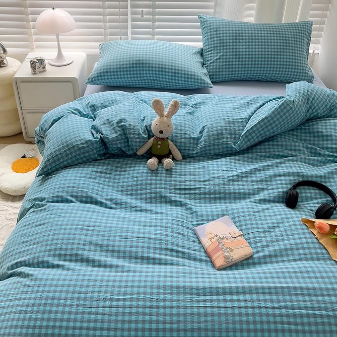 LifeTB Queen Comforter Set Blue Grey Gingham Comforter with 2 Pillowcases Modern Style Geometric Plaid Grid Comforter Farmhouse Gingham Bedding Set 3 Pieces Fluffy Checkered Comforter Set