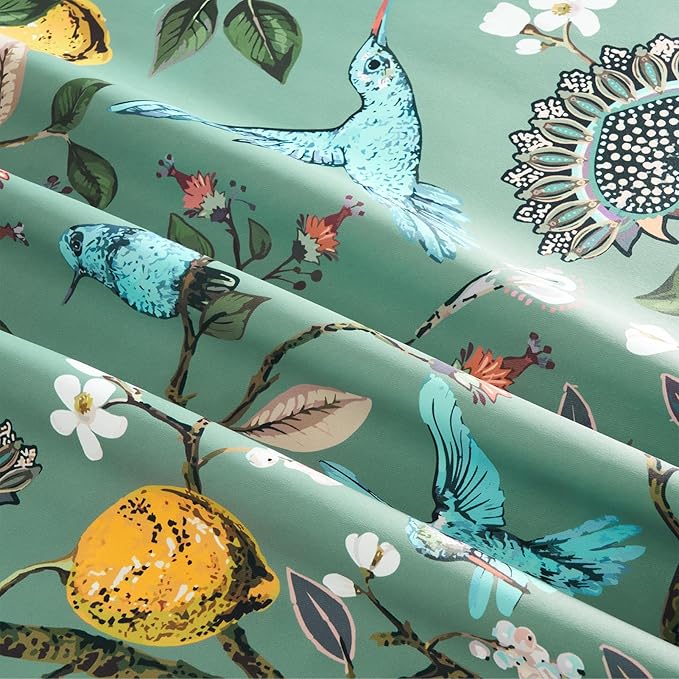 Sage Green Boho Floral Pinch Pleated Curtains 72 Inches Long for Living Room Bedroom Luxury Whimsical Lemon Hummingbird Patterned Waverly Mid Century Colorful Pinch Pleated Blackout Drapes 2 Panels