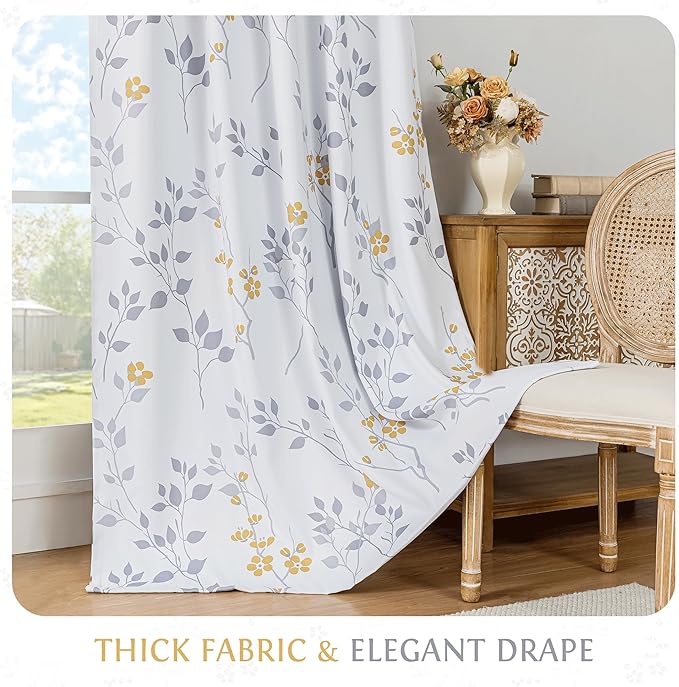 Beauoop Floral 100% Blackout Curtains 108 Inches Long 2 Panels for Bedroom Living Room Yellow Grey and White Flower Patterned Room Darkening Thermal Soundproof Grommet Window Treatments Drapes