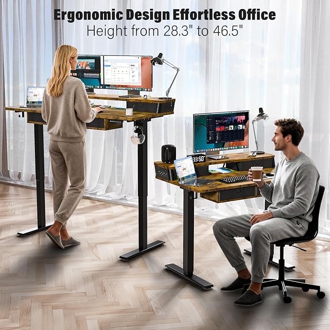 Electric Standing Desk with 4 Drawers 40''x 24'' Small Adjustable Height Sit to Stand Up Desk with Storage Shelf, C-Clamp Mount Compatible Black Home Office Desks Computer Desk Ergonomic Workstation