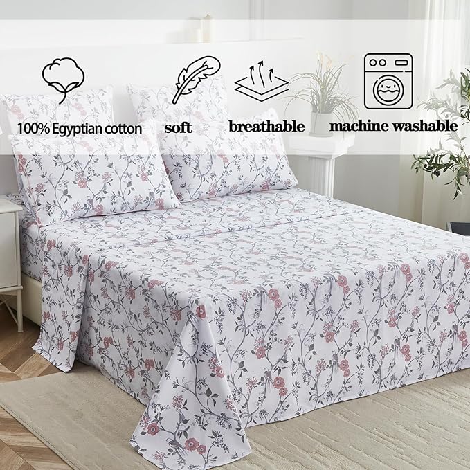 FADFAY Sheets Set Cal King Rustic Bird Floral Bed Sheets Set Vintage Botanical Bedding Shabby Branches Leaves Bedding Collections 100% Egyptian Cotton 17.7" Deep Pocket 4Pcs, California King Size