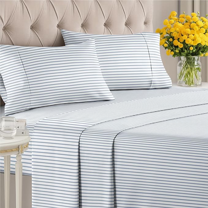 Striped Sheets - Blue & White Striped Sheets - 1 Flat & 1 Fitted & 2 Pillowcases w/ Deep Pockets – Comfy, Wrinkle & Fade Free - Soft, Breathable & Cooling - Luxury Pinstripe Bedding - King Size Set