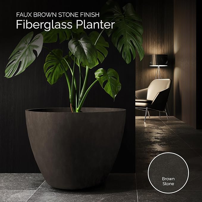 Lupo Tapered Planter – Brown Stone Finish – Fiberglass Indoor/Outdoor and Weather-Resistant Large Planter (37.4" D x 28.3" H Exterior, 35.8" D x 27.8" H Interior)