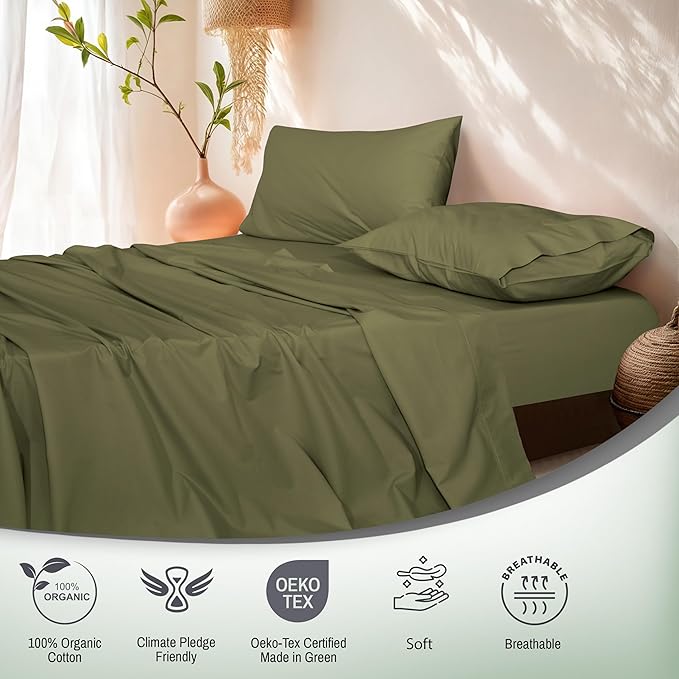 RUVANTI 100% Organic Cotton Sheets King Size, Percale Weave, GOTS Certified, 4-Piece Set, Deep Pocket 15", Crisp & Breathable, Soft Durable Bedding, Sábanas Algodón Orgánico – Olive