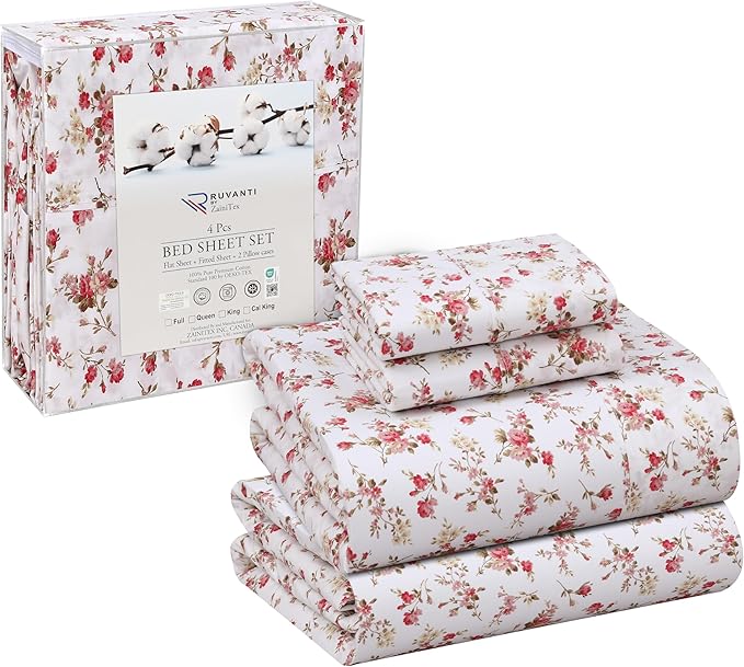 RUVANTI 100% Cotton Full Size Bed Sheets, 4 Pieces, Soft & Breathable Percale Weave Bedding, Deep Pocket 16", Hotel Standard, Crisp Cool Feel, Durable, Perfect Sheet Set Floral, Bouquet