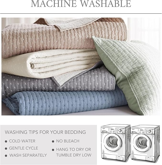 Levtex Home Cross Stitch Reversible King Bedspread Set (120x104in) with 2 Pillow Shams (36x20in) - Stitch Texture - Desert Sage - Cotton King Size Bedspread Set - Soft, Pre-Washed