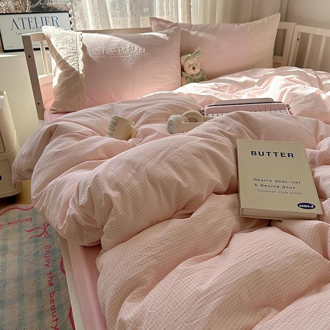 LifeTB Pink Gingham Duvet Cover Twin Size 3 Pieces Romantic Lace Duvet Cover Pink Plaid Checkered Comforter Cover with 2 Pillowcases Soft Breathable Microfiber Grid Farmhouse Plaid Bedding Set