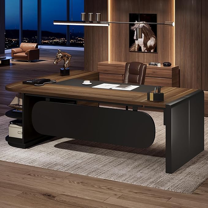 Tribesigns 80'' L-Shaped Desk, Large Executive Office Desk with 55'' Drawers Cabinet, Modern Commercial Office Table with Storage Shelves, Business Furniture for Home Office, Brown & Black