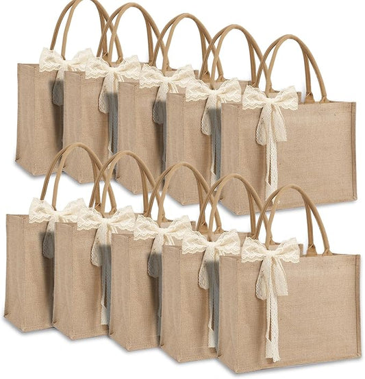10pcs Burlap Tote Bag Set with Handles, Waterproof Reusable Blank Water Resistant Grocery Bags with Ribbon Large Jute Tote 15.4*6*12 In for Women Bridesmaid Gift Christmas Shopping Wedding Travel DIY