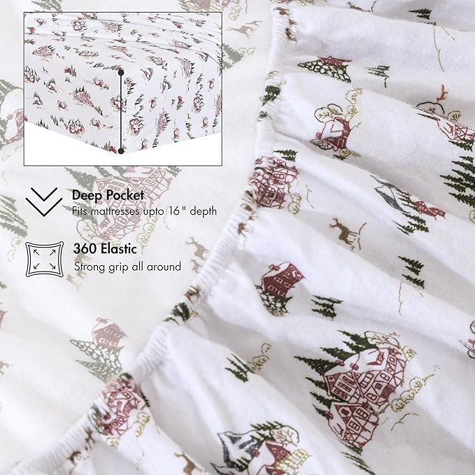 RUVANTI Flannel Sheets Full Size - 100% Cotton Double Brushed Bed Sheets Set, Deep Pockets 16 Inches, All Seasons Breathable & Extra Soft Full Sheets, Warm & Cozy, 4 Piece, Hilly Huts