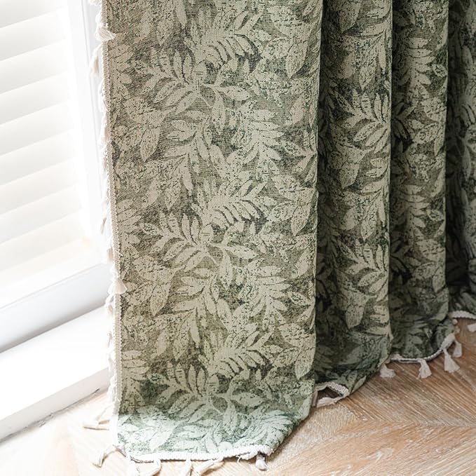 ENJOYBRIDAL Green Leaf 96 Inch Curtains 2 Panel Sets Farmhouse Long Drapes Semi Sheer Rod Pocket Bedroom Rustic Window Curtain Panels Living Room Boho Aesthetic Country Tassel Window Treatments