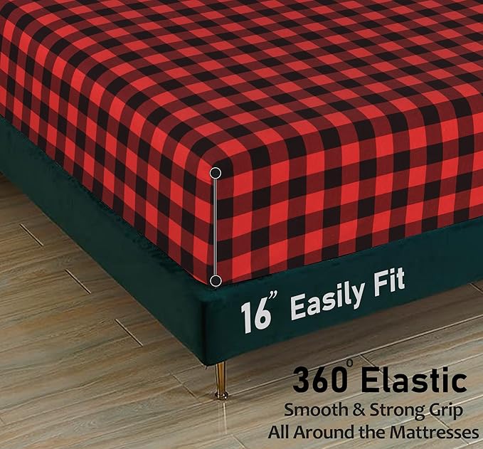 RUVANTI Flannel Sheets King Size - 100% Cotton Brushed King Size Sheets Set - Deep Pockets 16 Inches Bed Sheets - All Seasons Breathable & Extra Soft - Warm & Cozy, 4 Piece, Red & Black Plaid