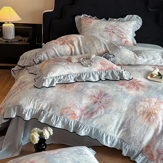 HighBuy College Girl Ruffle Duvet Cover Set Twin XL,Linen Cotton Comforter Cover Blue Floral Bedding Set Chic Cottagecore,Muslin Yarn-Dyed Textured Duvet Cover Set with Zipper,Breathable