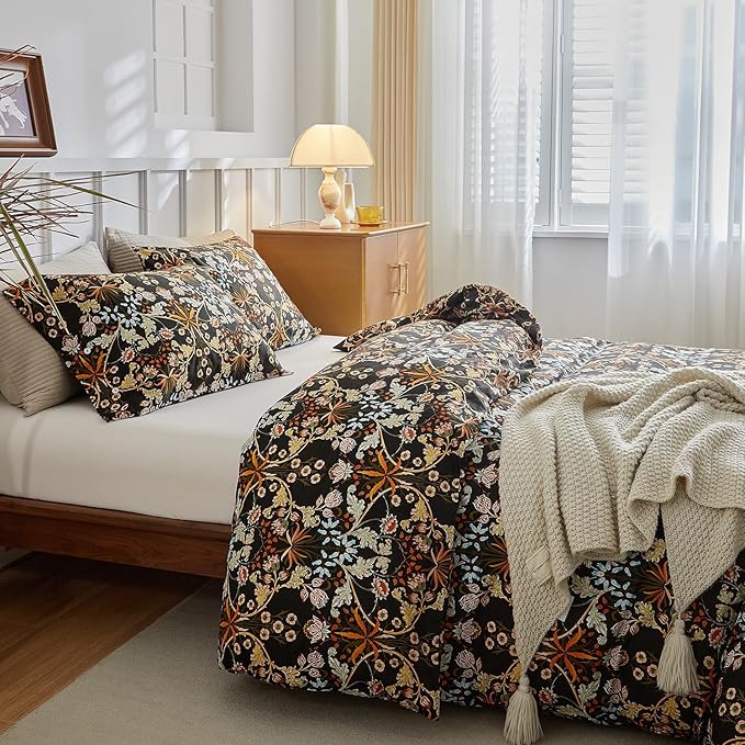 mixinni Vintage Floral Duvet Cover King Size Farmhouse Boho Duvet Cover Set Cotton Percale Flowers Pattern Printed Bedding Set with 2 Pillowcases Perfect for Him and Her-King Size