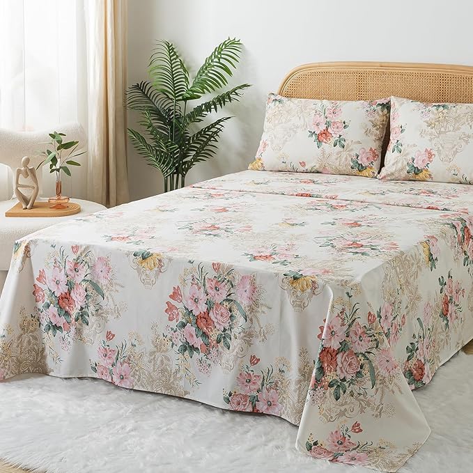 Zusbest- California Sheets, Soft 100% Cotton Pink & Cream Floral Bed Sheet Set Shabby Vintage Chic Peony Flower Printed, Breathable Luxury Toile Bedding 4 Piece Deep Pocket Sheets Cal King
