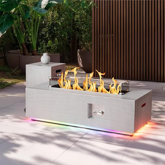 2-Piece 42" LED Rectangular Propane Fire Pit for Outside Patio with Hidden Tank Table, 50,000 BTU Fireplaces with Glass Wind Guard, Lid, Glass Rocks, Cover(Light Grey w/RGB Light)