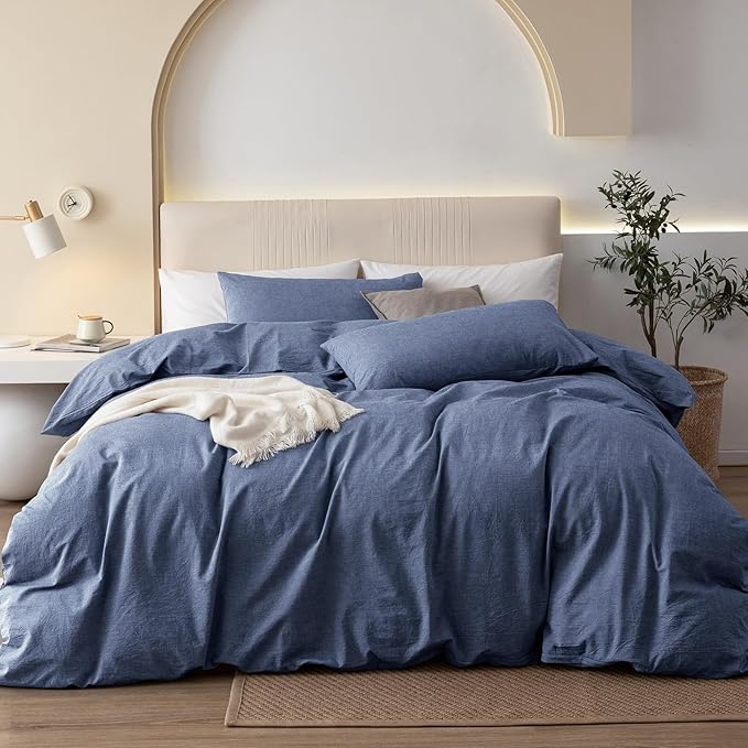 JIYUAN 100% Washed Cotton Duvet Cover Set 3 Pieces Oversized Queen, 1 Duvet Cover 98x98 Inches(Comforter Not Included) and 2 Pillowcases,Linen Like Comfy and Breathable,Heathered Blue