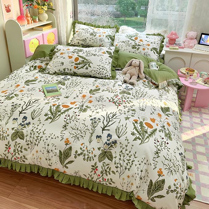 Twin XL Comforter Set 3 Pieces Cute Flower Botanical Comforter Set with Chic Ruffles Aesthetic Green Floral Comforter with 2 Pillowcases Romantic Princess Ruffle Bedding Comforter for Teen Girls