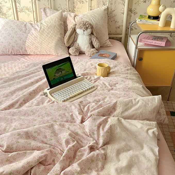 LifeTB Pink Floral Duvet Cover Queen Romantic Lace Bedding Set Garden Style Cottagecore Flower Duvet Cover with Zipper Closure Soft Washed Microfiber Botanical Comforter Cover for Teen Girls
