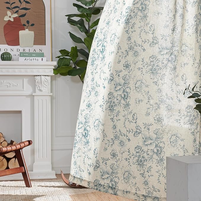 jinachan Linen Floral Curtains Extra Wide for Patio Sliding Glass Door Room Divider Curtain for Living Room Christmas Drapes 96 Inch Length Farmhouse Peony Green Printed Curtain Set 1 Panel
