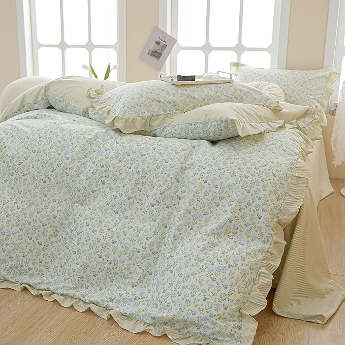 VM VOUGEMARKET Green Comforter Set Twin with Lace Edge Blue Flower Bedding Comforter Set Reversible Romantic Ruffle Comfroter Cover with 2 Pillow Shams(3pcs,Twin XL)