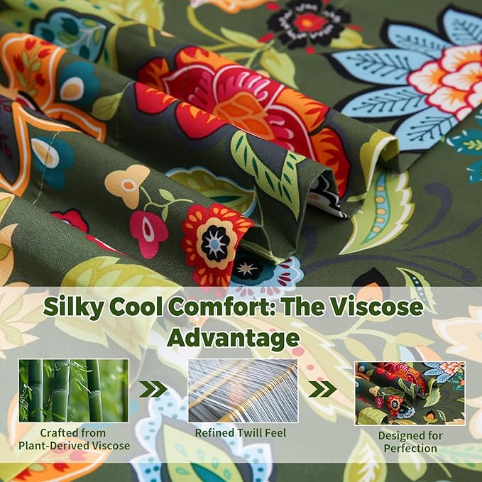 Bedlifes Full Floral 4-Piece Sheet Set - Cooling Sheets Blend Rayon Derived from Bamboo,Soft & Breathable, Deep Pocket 16", Wrinkle Resistant - Vibrant Boho Floral Dark Green