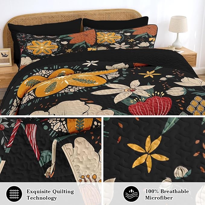 Quilt Set Twin Size, Black Tropical Floral 2 Pcs Soft Bed Cover Bedding Set, Farmhouse Botanical Lightweight Bedspread Coverlet with Pillow Sham for All Season