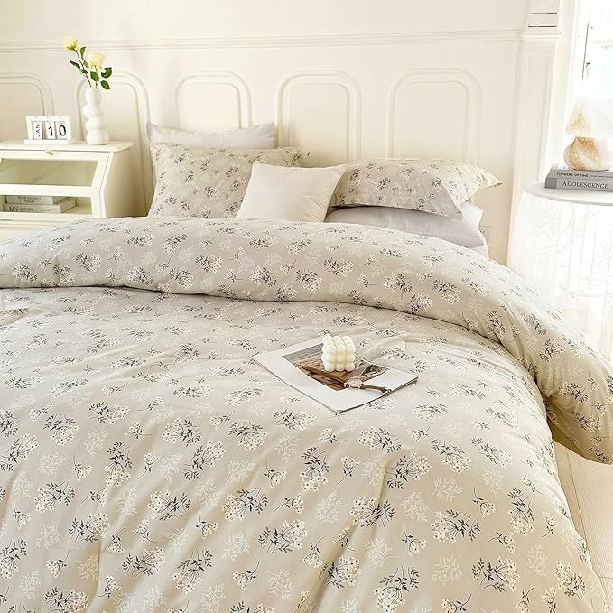 VM VOUGEMARKET Garden Daisy Flower Comforter Set Full Soft Microfiber Comforter Chic Floral Printed Bedding Set Vintage Botanical Comforter Set Beige 80x90 Inch
