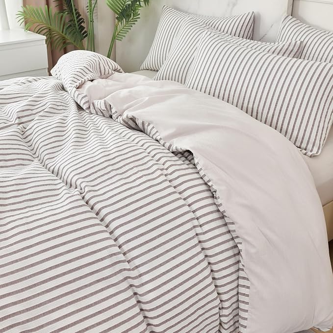Grey Duvet Cover Queen Size Striped Washed Microfiber Jacquard 3 Pieces Bedding Set, Grey White Vertical Ticking Stripes Pattern Comforter Cover with Zipper Closure Breathable Durable Soft Comfy