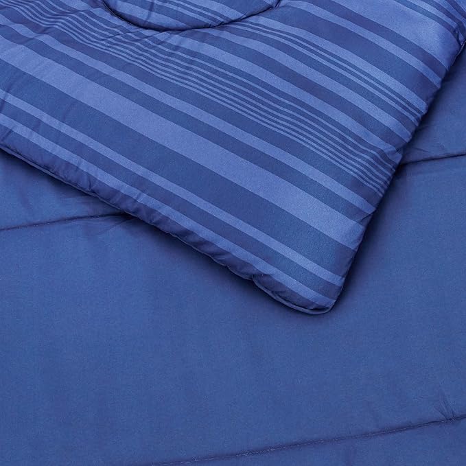 Amazon Basics Full/Queen Comforter Set with Sheets, 7-Piece Blue Calvin Striped Bedding, Lightweight Microfiber Bed-in-a-Bag