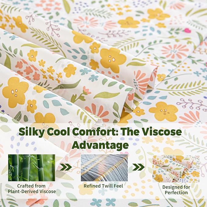 Bedlifes Extra Deep Pocket 18-24" Queen 4-Piece Sheet Set - Cooling Sheets Blend Rayon Derived from Bamboo Soft & Breathable,Featuring Floral