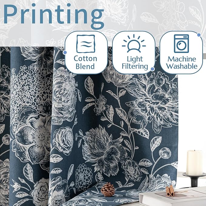 Cortina para Sala Blue Peony Blackout Curtains - Extra Long Floral Curtains, Vintage Blackout Curtains for Home Theater, Cotton Blend Printed Curtains, 52" W x 96" L