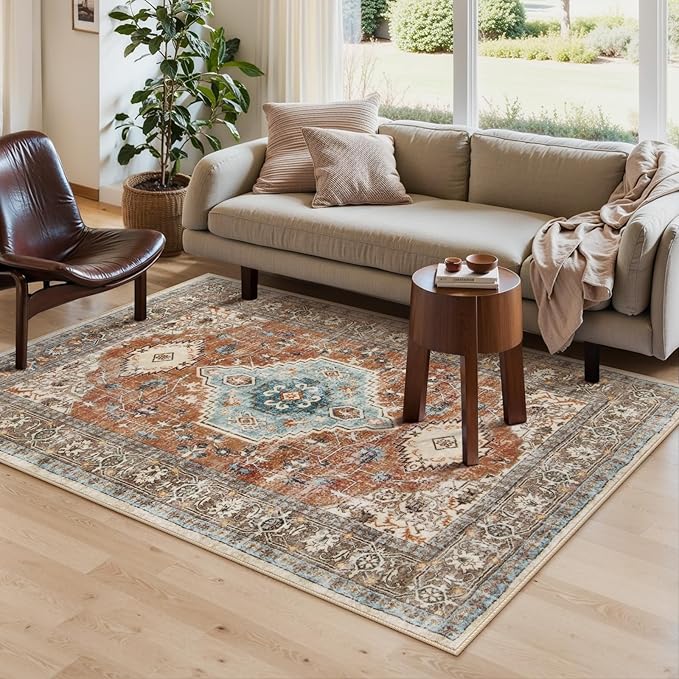 Lahome Oriental Washable Rug, 3x5 Rugs for Bedroom Living Room Entryway, Vintage Ultra-Thin Non-Slip Soft Throw Carpet for Kitchen Office Entrance, Orange/Multi